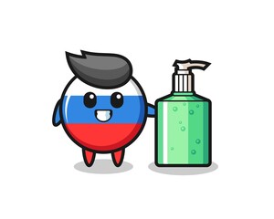 cute russia flag badge cartoon with hand sanitizer