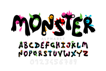 Monster cartoon style font design, childish colorful playful alphabet, letters and numbers © piai