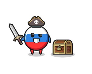 the russia flag badge pirate character holding sword beside a treasure box