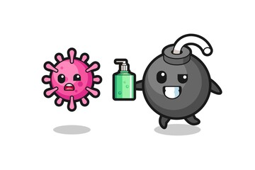 illustration of bomb character chasing evil virus with hand sanitizer