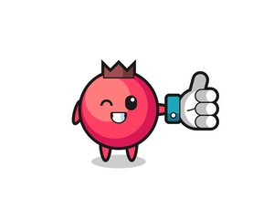 cute cranberry with social media thumbs up symbol