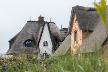 a Sylt typical brick house with a thatched roof. shot of special red houses with meadow and grass...