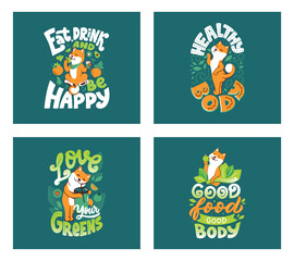 The green cards of dogs. The cartoonish animal is good for Healthy designs. The Akita with hand-drawn text about healthy body, love greens, good food. The vector illustration