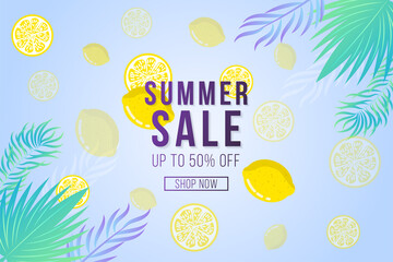 Summer sale banner with gradient tropical leaf