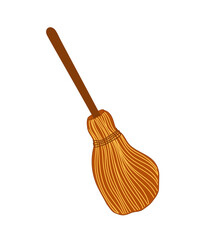 Old witch magic brooms hand drawn isolated vector illustration, Halloween party design element, a witch tool for Halloween or a cleaning household appliance, holiday symbol