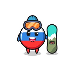 Illustration of russia flag badge character with snowboarding style