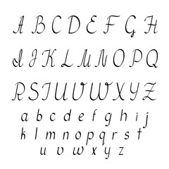 Obraz premium Small and capital hand drawn black letters of English alphabet in doodle style outline vector illustration, calligraphic abc, cute funny decorative handwriting, contour lined art lettering