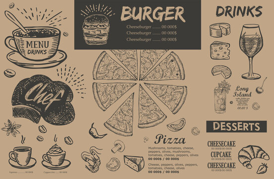 Menu, template design.. Food flyer. Hand-drawn style. Vector illustration.	
