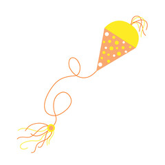 Yellow and light orange kite with ropes and polka dot pattern, child's toy, simple cartoon style vector illstration, image for cards, invitations, holiday celebration design