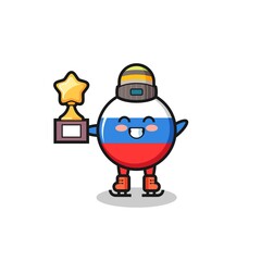 russia flag badge cartoon as an ice skating player hold winner trophy