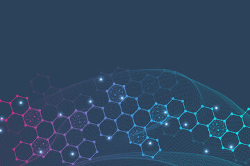 Fototapeta premium Science network pattern, connecting lines and dots. Technology hexagons structure or molecular connect elements