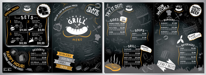 Grill, barbecue menu card - A3 to A4 size (burgers, grill, sides, soups, drinks, sets)