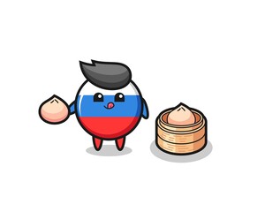 cute russia flag badge character eating steamed buns