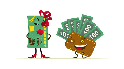 A credit card and a wallet full of money. Vector cartoon illustration of a bank card and wallet for animation. Cartoon characters. All the details are on separate layers with names. Editable strokes

