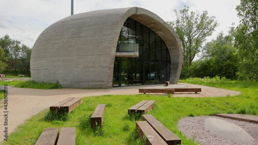 Poster Modern educational pavilion called Kamien, english - Stone in Warsaw city, Poland, 4k video