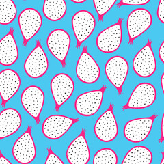 Dragon fruit seamless pattern. Pitaya exotic summer pink and blue background. Pitaya halves tropical texture. Colorful juicy vector wallpaper. Hand drawn flat textured illustration.