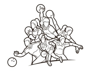 Group of Bowler Bowling Female Players Action Cartoon Graphic Vector