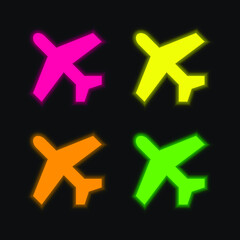 Obraz premium Airplane four color glowing neon vector icon