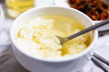 Light green tea water rice with rice in green tea water, Korean traditional food,