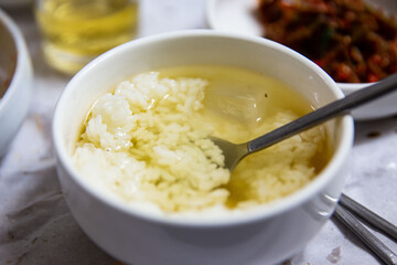 Light green tea water rice with rice in green tea water, Korean traditional food,