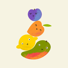 Fruit balance composition. Cute cheerful characters: mango, lemon, peach, plum. Healthy food concept with flat hand drawn textured illustration. Summer juice print for tote bag, poster or t-shirt.
