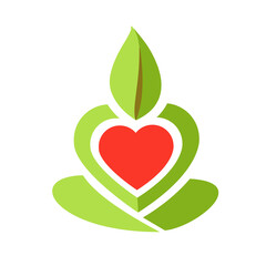 Yoga lotus pose logo with love and leaf icon isolated on white background