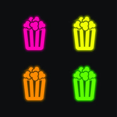 Box Of Popcorn four color glowing neon vector icon