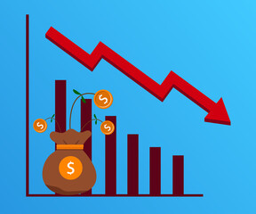 Graph showing the declined of dollar coin currency value. Income, salary, bonus and commision declined.  The price of dollar coin has decrease. Dollar currency incline graph chart. Vector illustration - 438147570