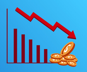 Graph showing the declined of dollar coin currency value. Income, salary, bonus and commision declined.  The price of dollar coin has decrease. Dollar currency incline graph chart. Vector illustration - 438147720
