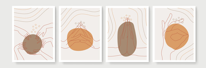 Mystic boho hand gesture Monoline doodle set. Magic simple line logo icons with hands, crystals, moon, sun, stars. Bohemian posters, modern vector illustration
