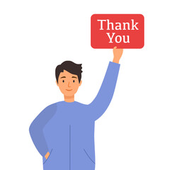 Young man holding thank you text sign in flat design on white background. Gratitude and thankful concept.