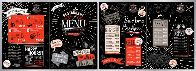 Grill restaurant menu card - A3 to A4 size (burgers, grill, pizza, drinks, desserts, sets) - obrazy, fototapety, plakaty