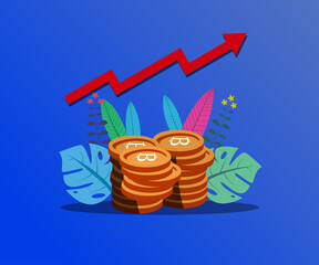Increase bitcoin rate icon and arrow design of Cryptocurrency. Money currency exchanger financial internet market electronic finance and internet theme. vector illustration. - 438148911