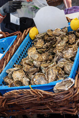 Baskets of oysters at farmer's market in Bordeaux, France.