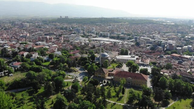 Drone view of the Mustafa Pasha Mosque in Skopje. The marble mosque filmed with a drone. The main mosque in Skopje, North Macedonia. Panoramic view from a drone to the city of Skopje.