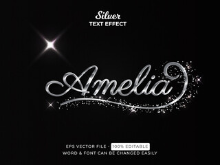 Silver text effect style. Editable text effect script font type with glitter ornament.