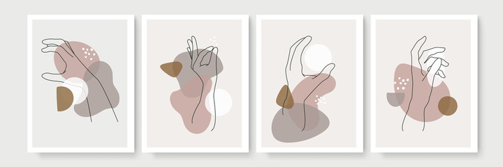Hand gesture Monoline abstract wall art vector set. boho Foliage line art drawing with abstract shape. Abstract Hand Art design for print, cover, wallpaper, Minimal and natural wall art.