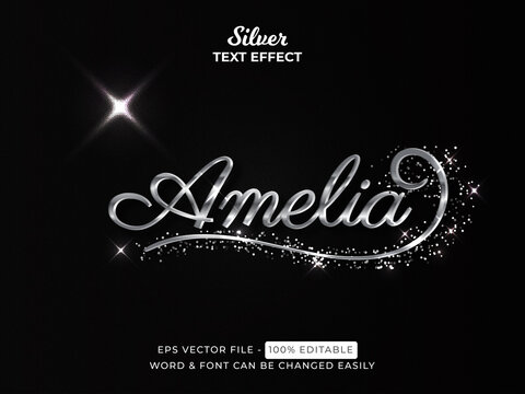 Silver Text Effect Style. Editable Text Effect Script Font Type With Glitter Ornament.