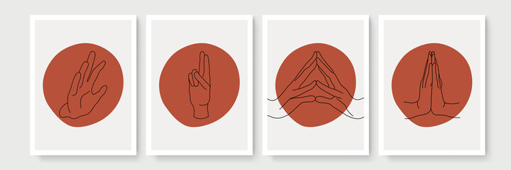Abstract shapes and hand gesture mono elements boho wall decor. Minimalist and natural wall art. Modern art print collection vector illustration for wall decoration, home gallery, postcard, brochure
