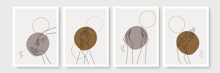 Abstract shapes and hand gesture mono elements boho wall decor. Minimalist and natural wall art. Modern art print collection vector illustration for wall decoration, home gallery, postcard, brochure
