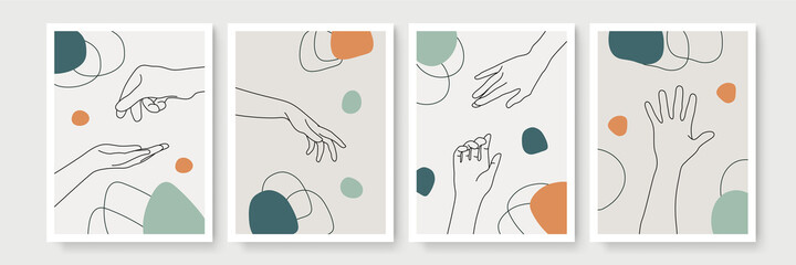 Abstract hand gesture Monoline bohemian poster set. Contemporary minimalist backgrounds modern boho style. Mid century wall decor, vector art print