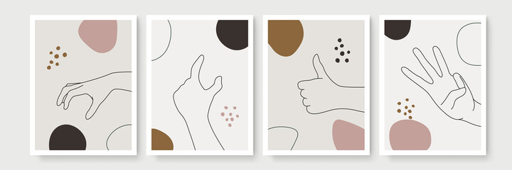 Abstract hand gesture Monoline bohemian poster set. Contemporary minimalist backgrounds modern boho style. Mid century wall decor, vector art print