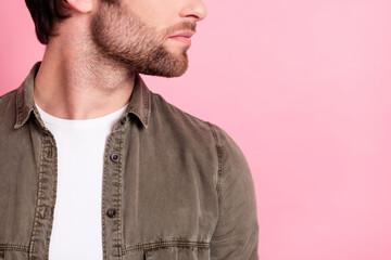 Cropped profile side photo of young handsome guy barber shop bristle lotion gel skincare isolated...