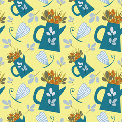 Vector seamless pattern with leaves, flowers, garden and dragonfly for fabrics, paper, textile, gift wrap isolated on yellow background. Garden plants in pots, watering can for gardener farm