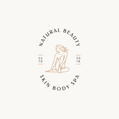 Fototapeta premium Hand drawn line art beauty vector logo design template. Illustration of elegant signs and badges for beauty, natural and organic products, cosmetics, spa and wellness, fashion, wedding and jewelry. 
