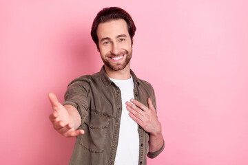 Photo of young man happy positive smile hand on chest sincere ask promise gentleman isolated over...
