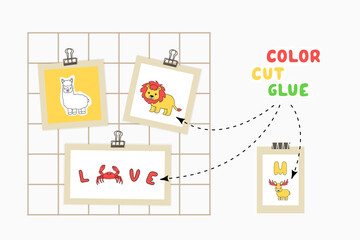 Print color cut glue paper game for children development. Cut Alphabet cards parts, color, glue on the paper. Vector illustration presentation of Love, crab, lion, alpaca, moose on mood board