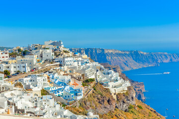 Greece Santorini island in Cyclades,Panoramic view of caldera sea with ships in background