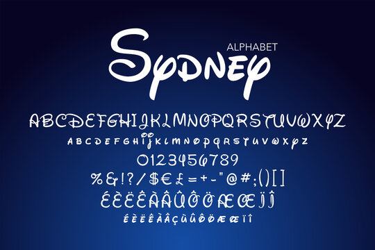 White fancy script alphabet on dark blue background for kids logos. Vector typography illustration