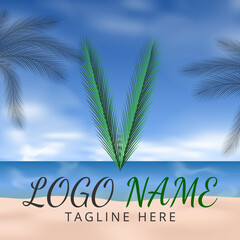 Obraz premium Letter V Logo Simbols Green tropical coconut leaf with creative summer concept and Beach Background 